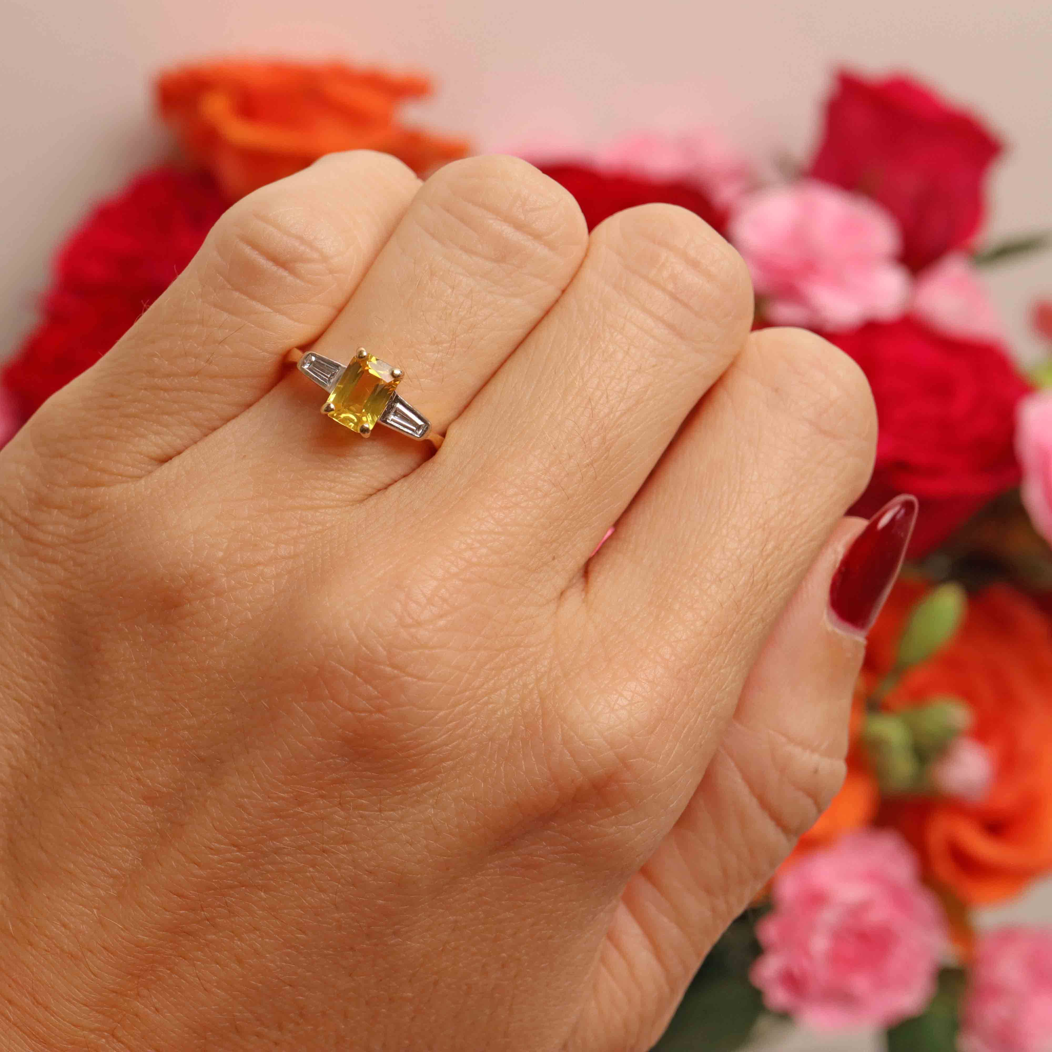 Ellibelle Jewellery Yellow Sapphire & Baguette-Cut Diamond 18ct Gold Three-Stone Ring
