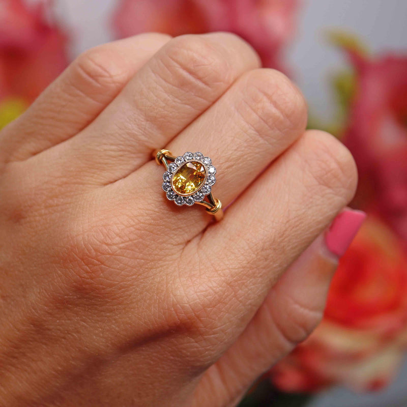 Ellibelle Jewellery Yellow Sapphire & Diamond 18ct Gold Oval Cluster Ring