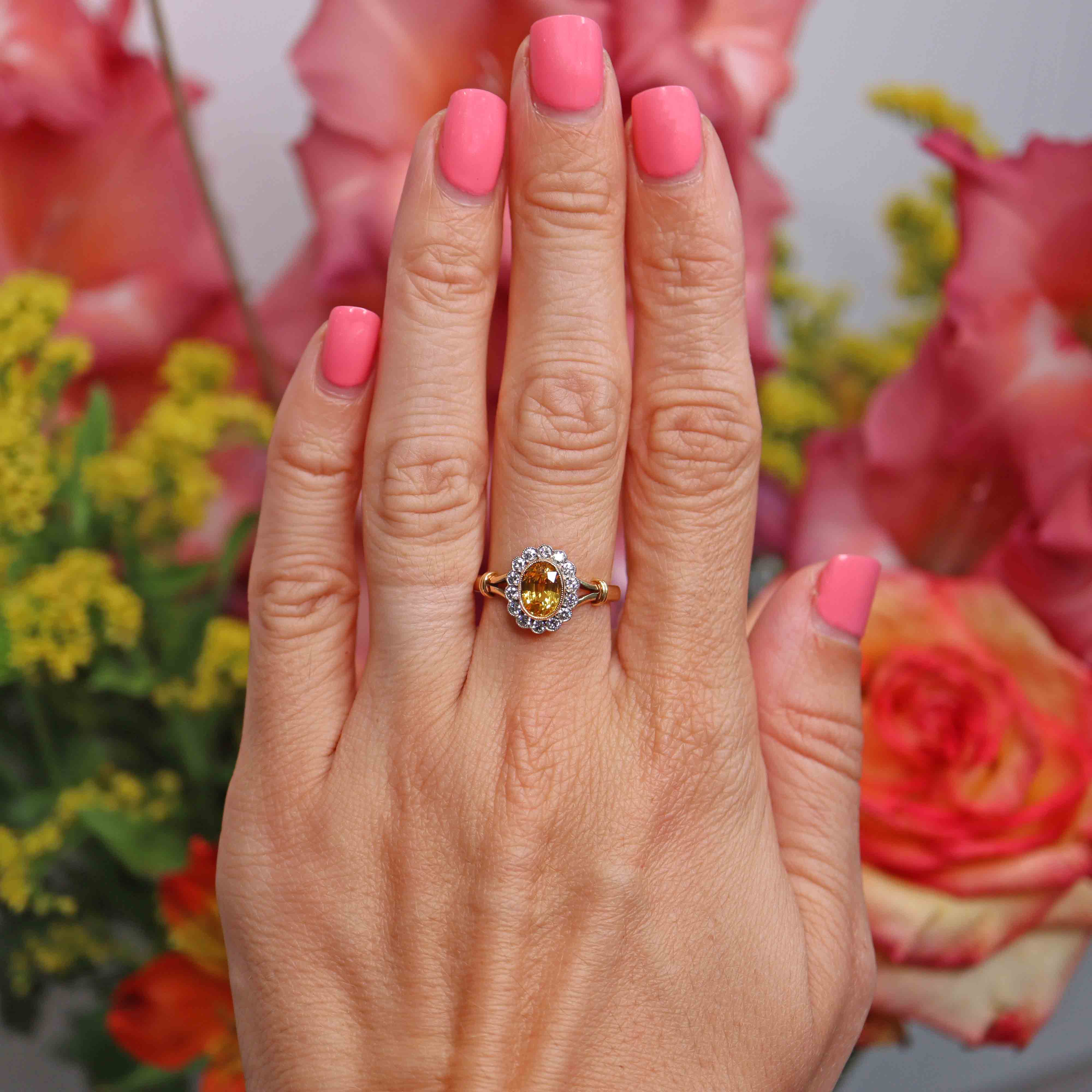 Ellibelle Jewellery Yellow Sapphire & Diamond 18ct Gold Oval Cluster Ring