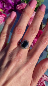 Vintage Dark Sapphire & Diamond 18ct Gold Oval Cluster Ring (3.00cts)