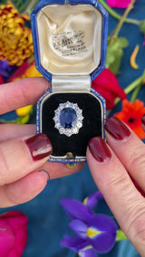 Vintage Sapphire & Diamond 18ct White Gold Cluster Engagement Ring By Cropp and Farr