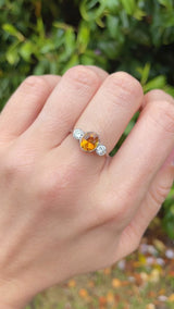Art Deco Style Orange Sapphire & Diamond Three Stone Engagement Ring