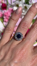 Vintage 1983 Sapphire & Diamond 18ct Gold Halo Cluster Ring
