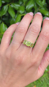 Art Deco Style Peridot 9ct Gold Bezel Trilogy Ring