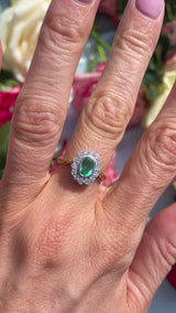 Vintage Emerald & Diamond 18ct Gold Bezel-Set Oval Cluster Ring