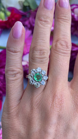 Vintage Emerald & Diamond 18ct Gold Daisy Cluster Engagement Ring