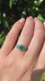 Vintage 1993 Synthetic Emerald & Diamond Triple Cluster Ring