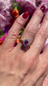Vintage 1976 Ruby & Diamond 18ct Gold Oval Cluster Ring