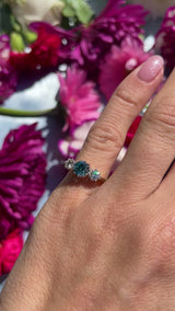 Art Deco Blue Zircon & Diamond 18ct Gold Platinum Three-Stone Trilogy Ring