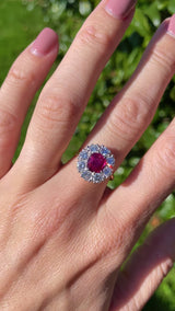 Vintage 1974 Ruby & Diamond 18ct Gold Halo Cluster Ring