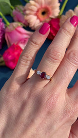 Vintage 1987 Ruby & Diamond 18ct Gold Three-Stone Engagement Ring