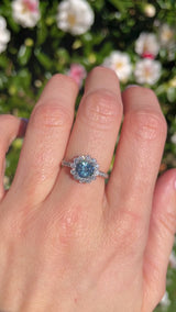 Edwardian Style Aquamarine & Diamond Platinum Halo Ring