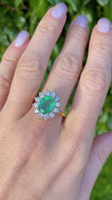 Vintage 1996 Emerald & Diamond 18ct Gold Cluster Engagement Ring