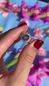 Vintage 1981 Ceylon Sapphire & Diamond 18ct Gold Cluster Ring