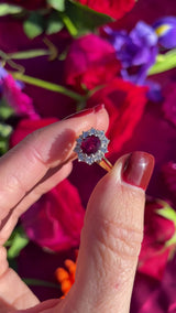 Vintage Ruby & Diamond 18ct Gold Oval Cluster Ring (0.90cts)