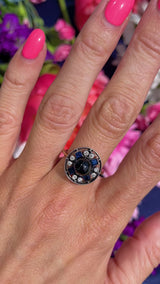 Art Deco Cabochon Sapphire & Diamond 18ct Gold Platinum Target Ring
