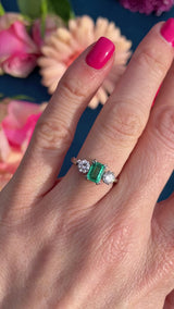 Vintage Emerald & Diamond White Gold Three-Stone Engagement Ring (0.88cts)