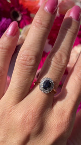 Mid-Century Sapphire & Diamond 18ct Gold Platinum Cluster Ring