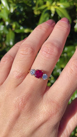 Vintage 1989 Natural Ruby & Diamond 18ct Gold Three-Stone Engagement Ring