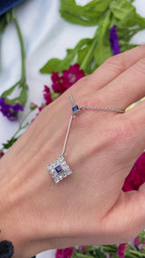 Art Deco Style Sapphire & Diamond White Gold Pendant Necklace