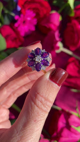 Vintage 1974 Amethyst & Diamond 18ct Gold Daisy Cluster Ring