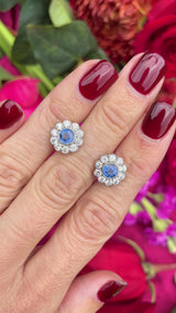 Ceylon Sapphire & Diamond 18ct White Gold Daisy Cluster Stud Earrings
