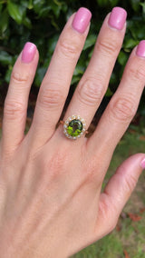 Vintage 1983 Green Tourmaline & Diamond 18ct Gold Cluster Ring