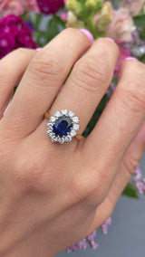 Vintage 1997 Sapphire & Diamond 18ct Gold Cluster Engagement Ring