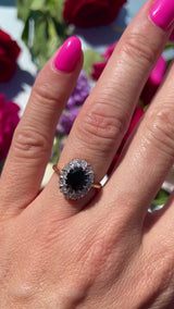 Vintage Dark Sapphire & Diamond 18ct Gold Platinum Oval Cluster Ring (1.76cts)