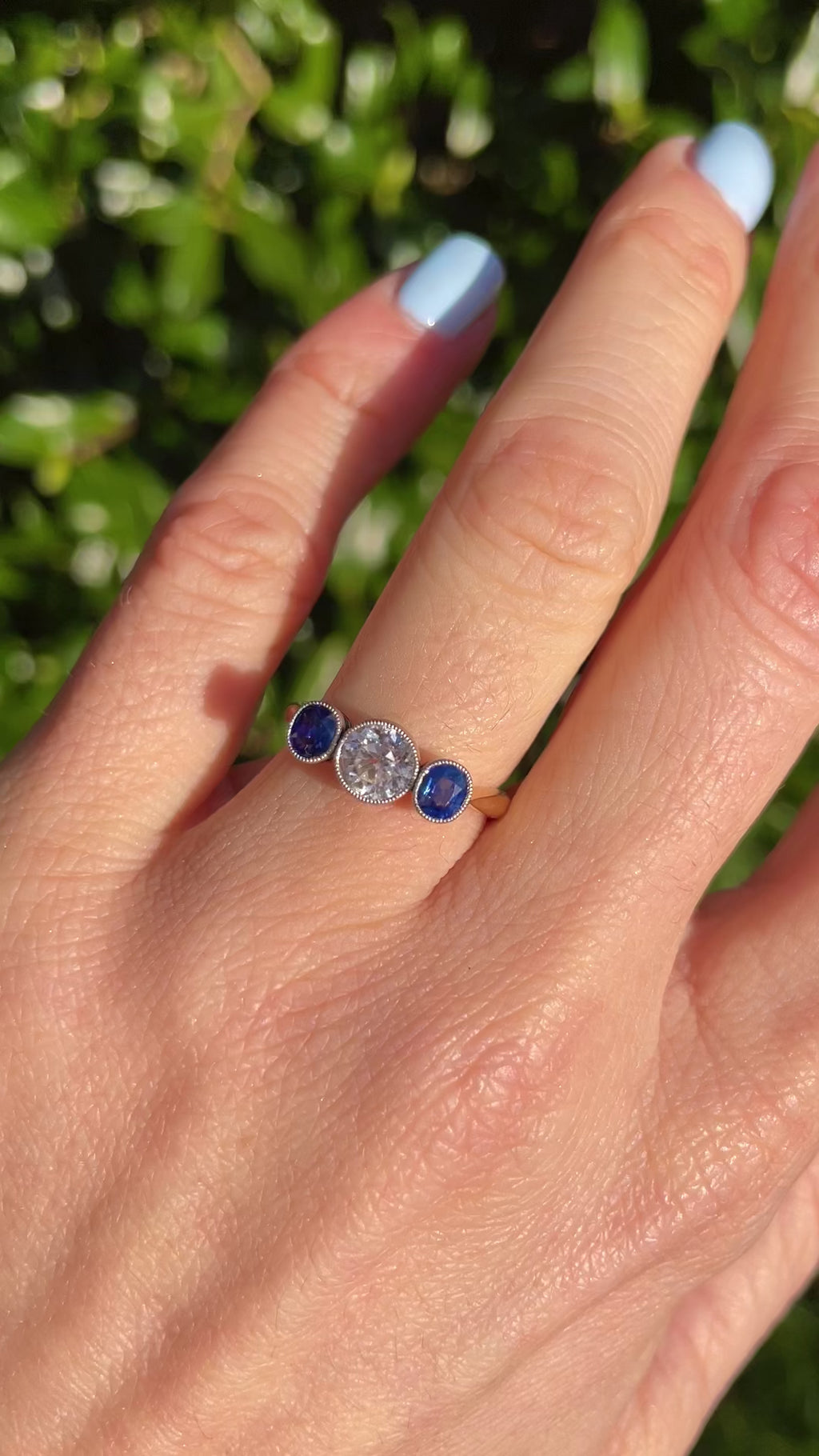 Art Deco Sapphire & Diamond 18ct Gold Platinum Three-Stone Engagement Ring