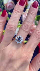 Vintage 1977 Sapphire & Diamond 18ct Gold Cluster Engagement Ring