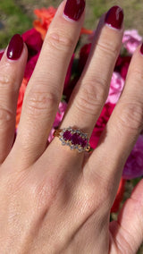 Vintage 1989 Ruby & Diamond 18ct Gold Triple-Cluster Ring