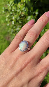 Vintage Opal & Diamond 18ct White Gold Oval Cluster Ring