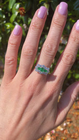 Vintage 1998 Emerald & Diamond 18ct Gold Triple Cluster Ring