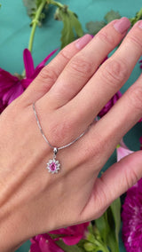 Pink Sapphire & Diamond 18ct White Gold Cluster Pendant Necklace