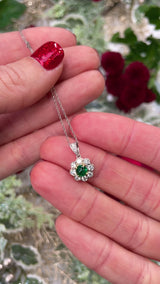 Emerald & Diamond 18ct White Gold Daisy Cluster Pendant Necklace