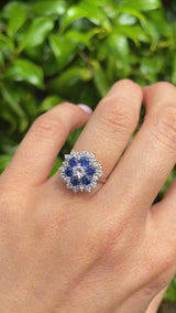 Vintage 1975 Sapphire & Diamond White Gold Cluster Ring