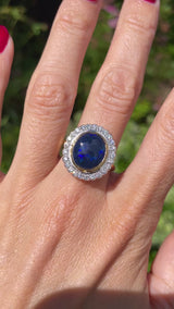 Vintage 1996 Black Opal & Diamond 18ct Gold Cluster Ring