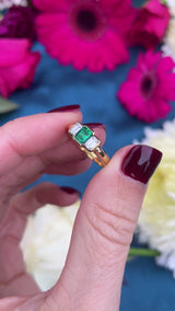 Vintage Emerald & Emerald-Cut Diamond 18ct Gold Three-Stone Engagement Ring