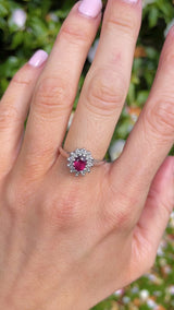 Vintage 1970 Rhodolite Garnet & Diamond White Gold Cluster Engagement Ring