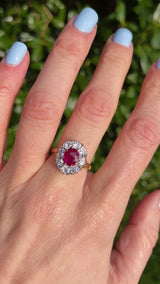 Vintage 1997 Ruby & Old Euro Cut Diamond 18ct Gold Cluster Engagement Ring