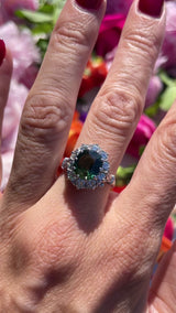 Vintage Green Sapphire & Diamond 18ct White Gold Cluster Ring (2.95cts)