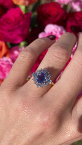 Vintage 1990 Ceylon Sapphire & Vari-Diamond 18ct Gold Cluster Engagement Ring