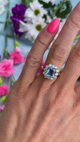 Vintage 1993 Emerald-Cut Aquamarine & Diamond 18ct Gold Cluster Ring
