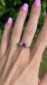 Vintage Ruby & Diamond 18ct Gold Platinum Three-Stone Engagement Ring