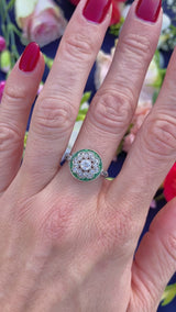 Antique Art Deco Emerald & Diamond Platinum Floral Cluster Engagement Ring