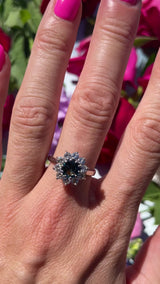 Vintage 1977 Teal Sapphire & Diamond 18ct White Gold Cluster Ring