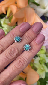 Vintage Blue Zircon & Diamond White Gold Cluster Stud Earrings