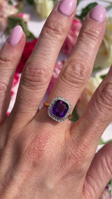 Art Deco Amethyst & Rose-Cut Diamond 18ct Gold Cushion-Shaped Cluster Ring