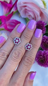 18ct Gold Ruby & Diamond Floral Daisy Stud Earrings